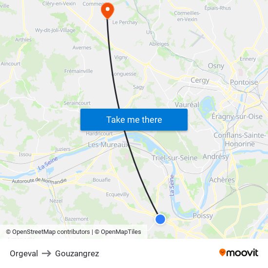 Orgeval to Gouzangrez map