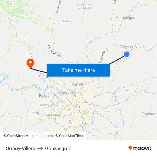 Ormoy-Villers to Gouzangrez map