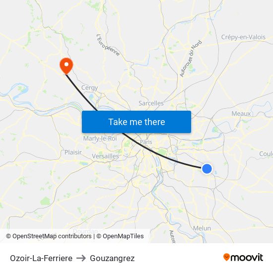 Ozoir-La-Ferriere to Gouzangrez map