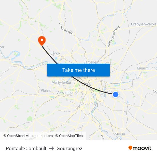 Pontault-Combault to Gouzangrez map