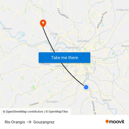 Ris-Orangis to Gouzangrez map