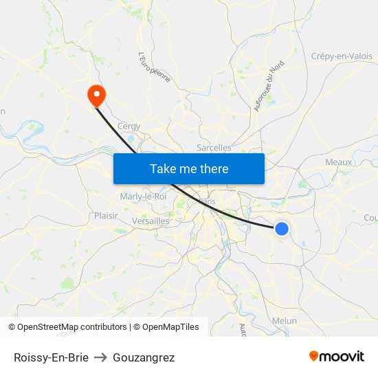 Roissy-En-Brie to Gouzangrez map