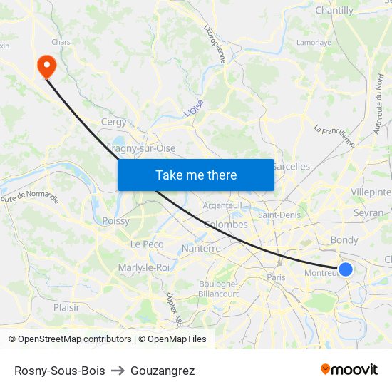 Rosny-Sous-Bois to Gouzangrez map