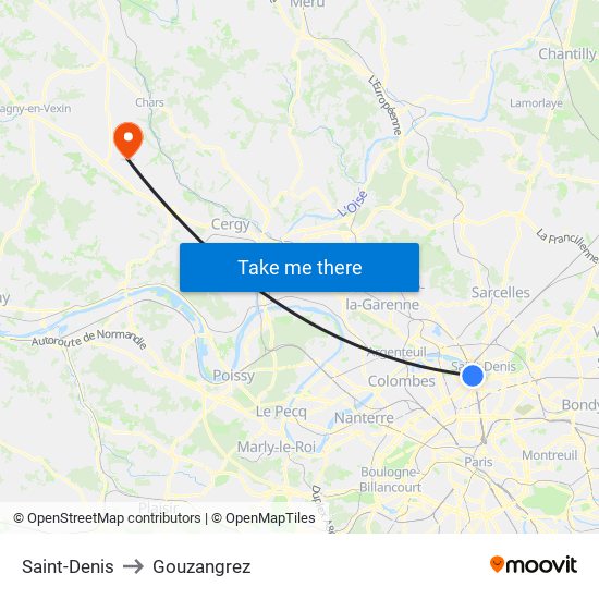 Saint-Denis to Gouzangrez map