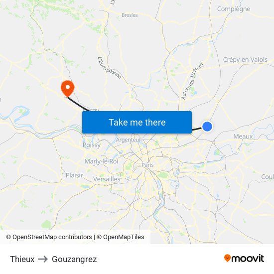 Thieux to Gouzangrez map