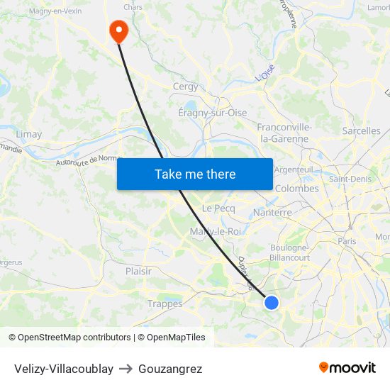 Velizy-Villacoublay to Gouzangrez map