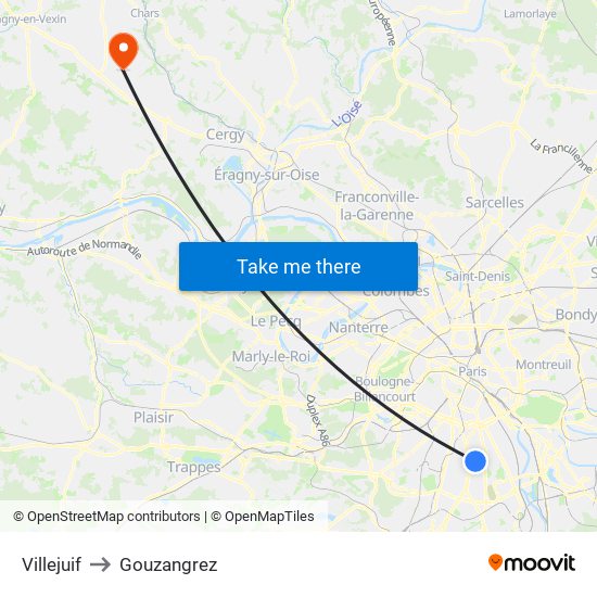Villejuif to Gouzangrez map