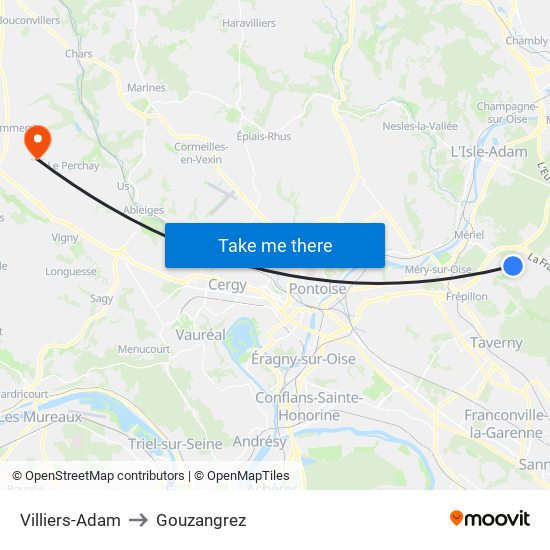 Villiers-Adam to Gouzangrez map