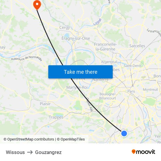 Wissous to Gouzangrez map