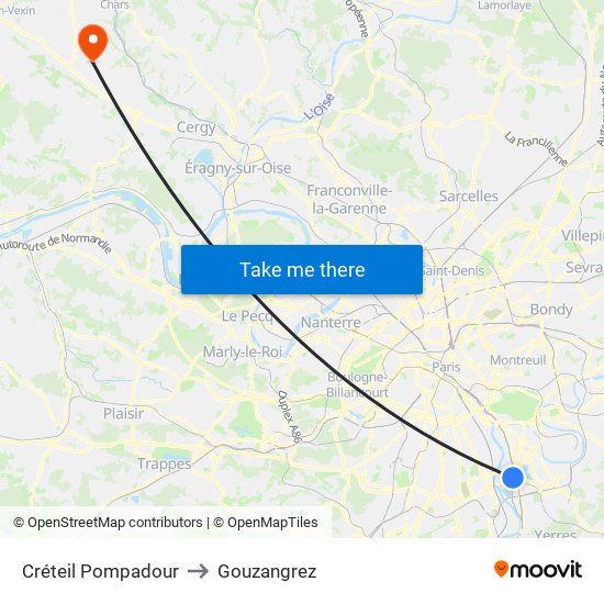 Créteil Pompadour to Gouzangrez map
