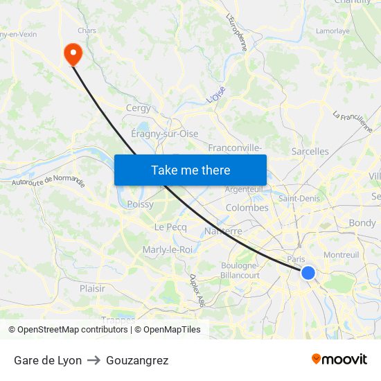 Gare de Lyon to Gouzangrez map