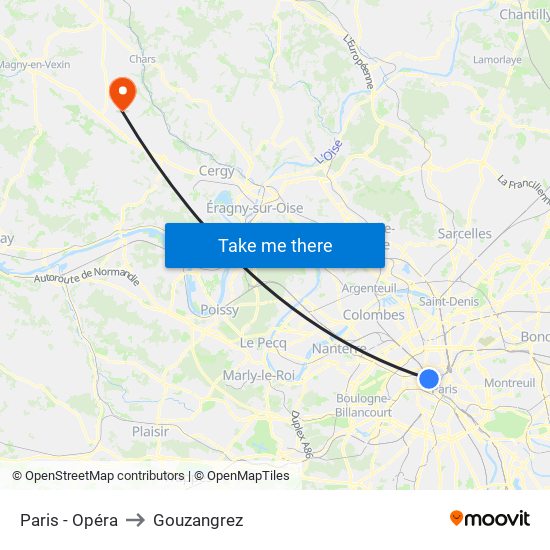 Paris - Opéra to Gouzangrez map