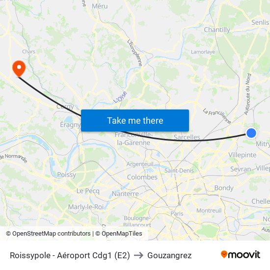 Roissypole - Aéroport Cdg1 (E2) to Gouzangrez map