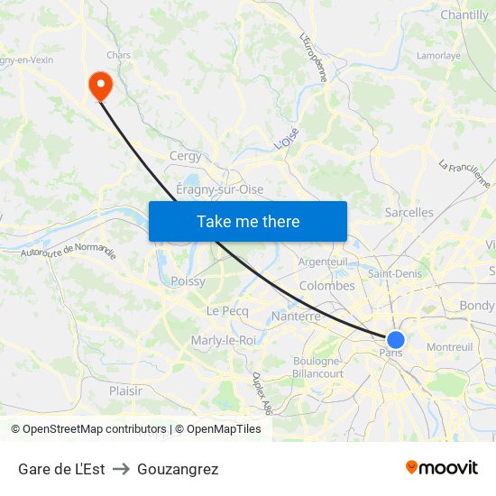 Gare de L'Est to Gouzangrez map