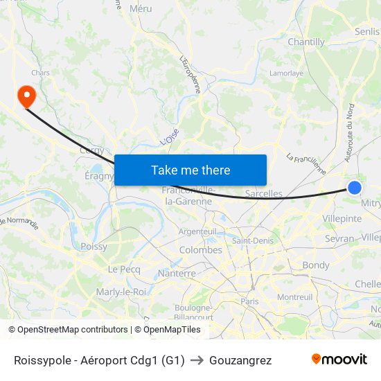 Roissypole - Aéroport Cdg1 (G1) to Gouzangrez map