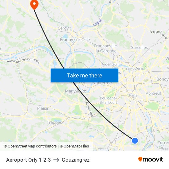 Aéroport Orly 1-2-3 to Gouzangrez map