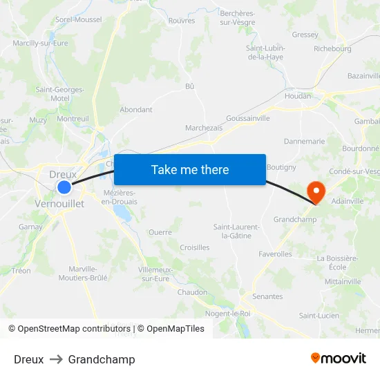 Dreux to Grandchamp map