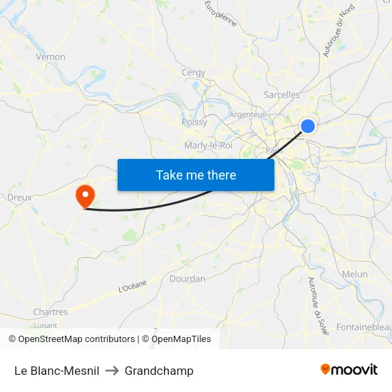 Le Blanc-Mesnil to Grandchamp map