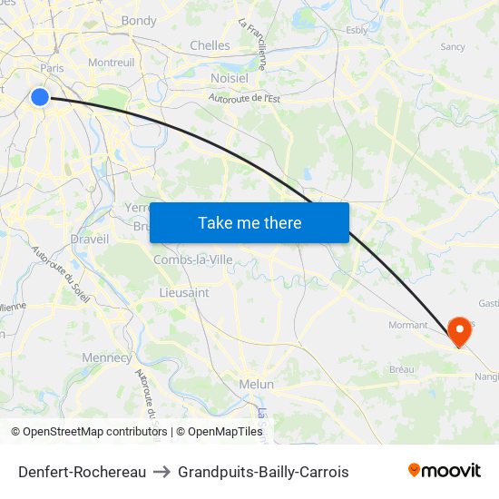 Denfert-Rochereau to Grandpuits-Bailly-Carrois map