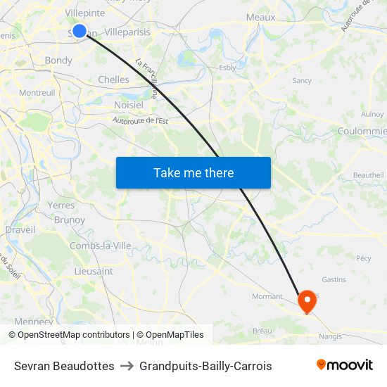 Sevran Beaudottes to Grandpuits-Bailly-Carrois map