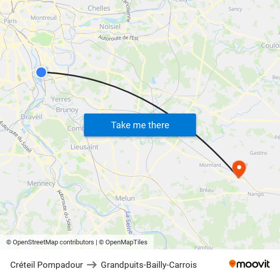 Créteil Pompadour to Grandpuits-Bailly-Carrois map