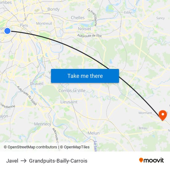 Javel to Grandpuits-Bailly-Carrois map