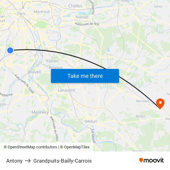 Antony to Grandpuits-Bailly-Carrois map