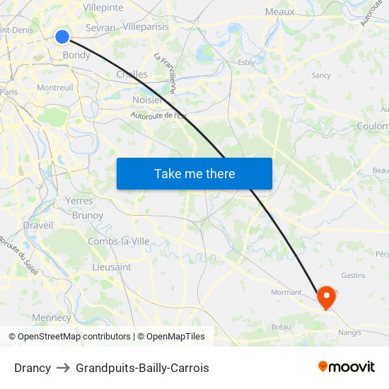 Drancy to Grandpuits-Bailly-Carrois map