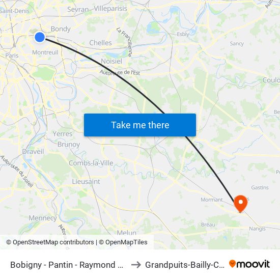 Bobigny - Pantin - Raymond Queneau to Grandpuits-Bailly-Carrois map