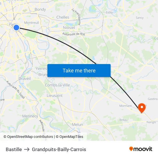 Bastille to Grandpuits-Bailly-Carrois map