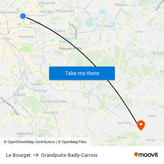 Le Bourget to Grandpuits-Bailly-Carrois map