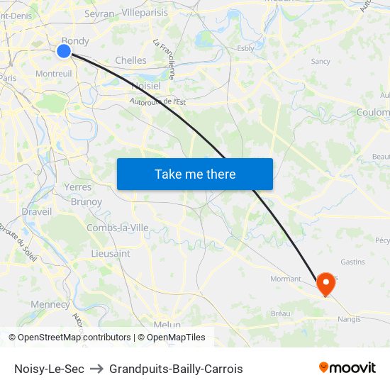 Noisy-Le-Sec to Grandpuits-Bailly-Carrois map