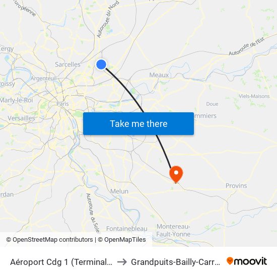 Aéroport Cdg 1 (Terminal 3) to Grandpuits-Bailly-Carrois map