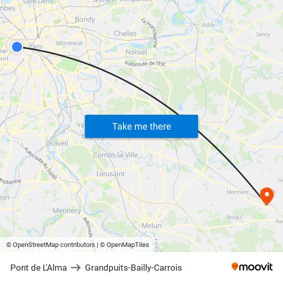 Pont de L'Alma to Grandpuits-Bailly-Carrois map