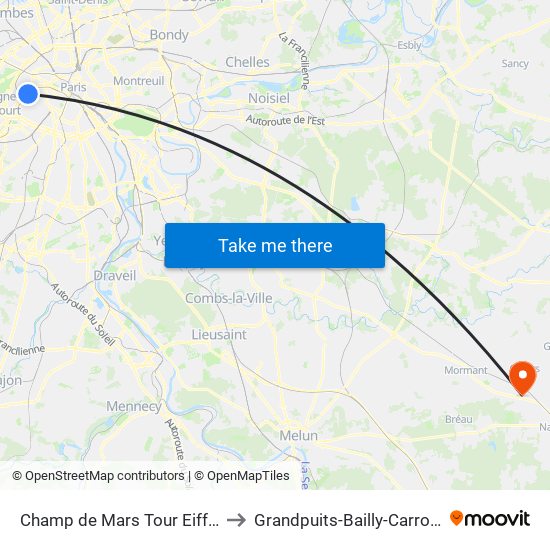 Champ de Mars Tour Eiffel to Grandpuits-Bailly-Carrois map