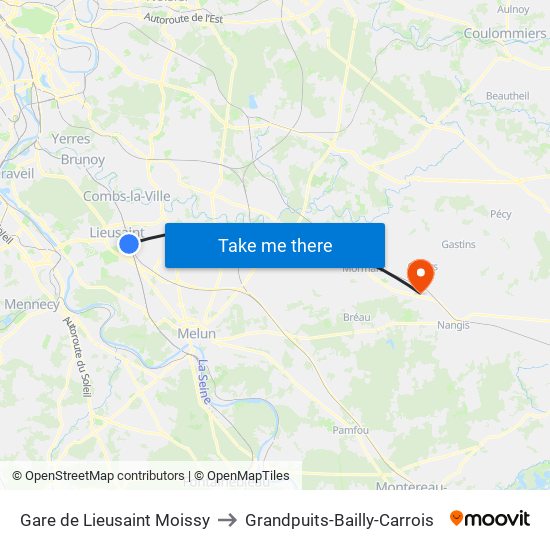 Gare de Lieusaint Moissy to Grandpuits-Bailly-Carrois map