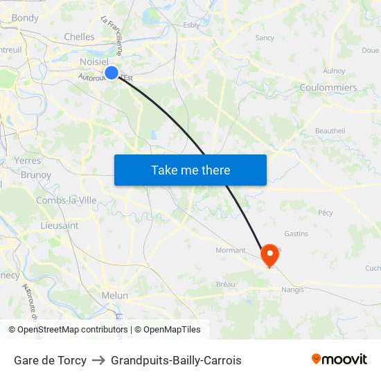 Gare de Torcy to Grandpuits-Bailly-Carrois map