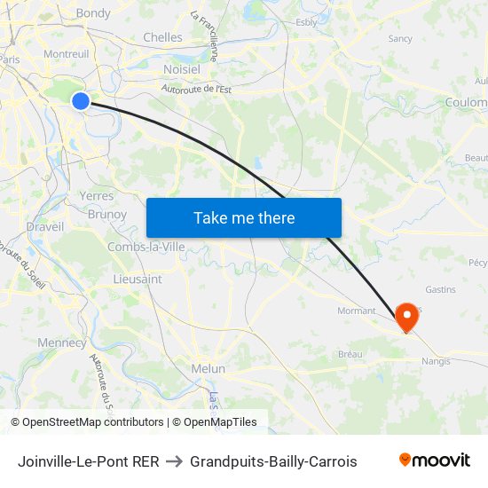 Joinville-Le-Pont RER to Grandpuits-Bailly-Carrois map