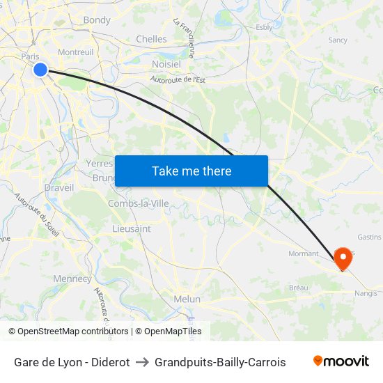 Gare de Lyon - Diderot to Grandpuits-Bailly-Carrois map