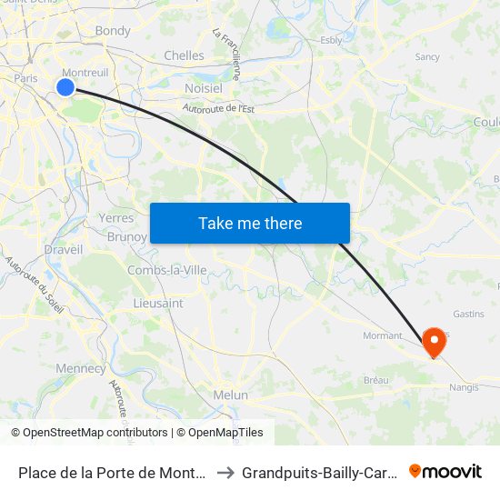 Place de la Porte de Montreuil to Grandpuits-Bailly-Carrois map