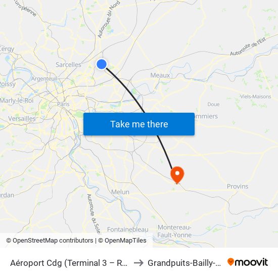 Aéroport Cdg (Terminal 3 – Roissypôle) to Grandpuits-Bailly-Carrois map