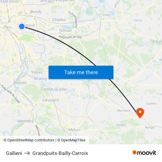 Gallieni to Grandpuits-Bailly-Carrois map