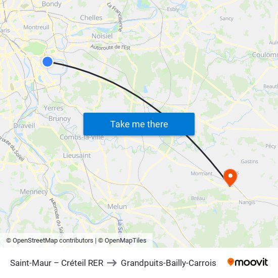 Saint-Maur – Créteil RER to Grandpuits-Bailly-Carrois map