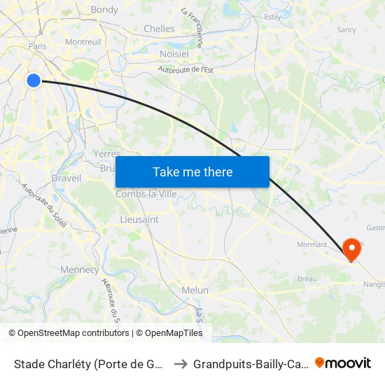 Stade Charléty (Porte de Gentilly) to Grandpuits-Bailly-Carrois map