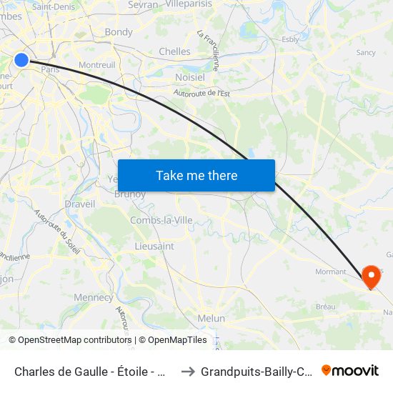 Charles de Gaulle - Étoile - Wagram to Grandpuits-Bailly-Carrois map