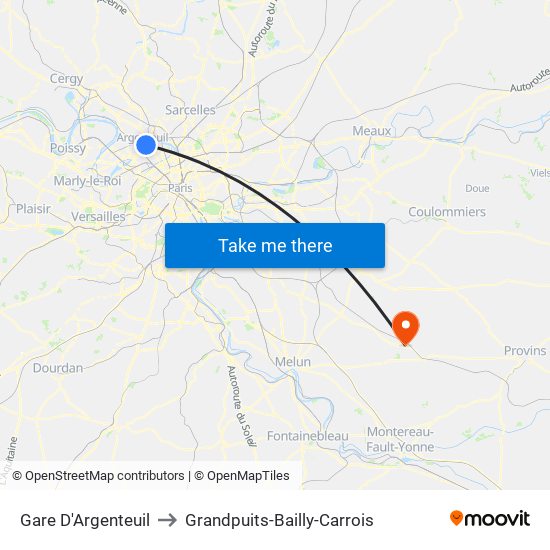 Gare D'Argenteuil to Grandpuits-Bailly-Carrois map