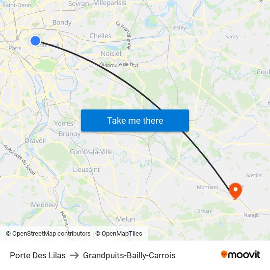 Porte Des Lilas to Grandpuits-Bailly-Carrois map