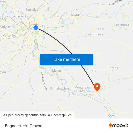 Bagnolet to Gravon map