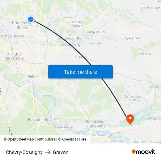 Chevry-Cossigny to Gravon map