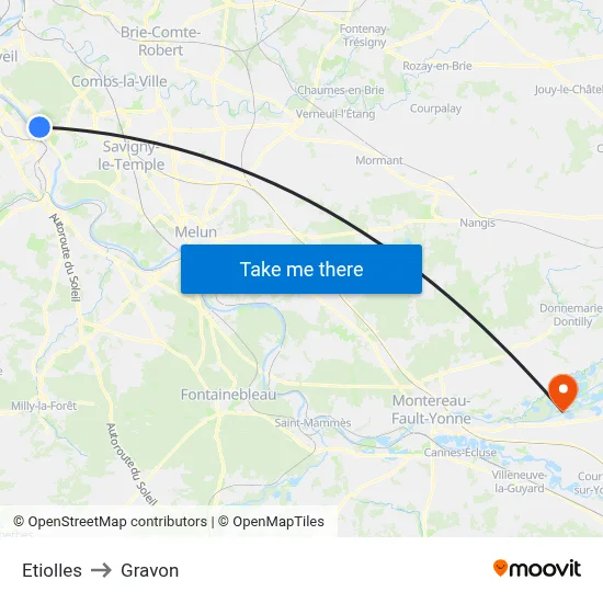 Etiolles to Gravon map